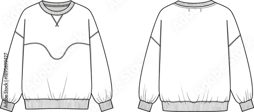Unisex crewneck sweatshirt technical fashion flat, front and back view long sleeve casual pullover apparel outline illustration