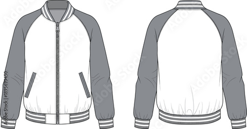 Varsity bomber jacket technical fashion illustration showing front and back views, white body with gray raglan sleeves and striped rib trim