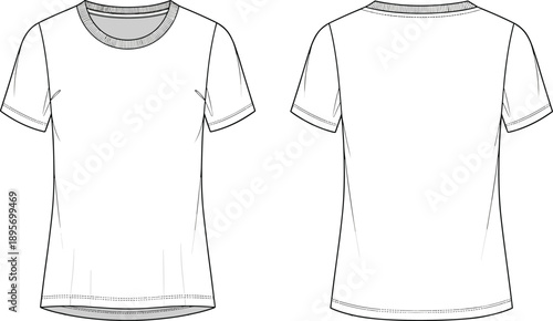 White short sleeve t shirt technical fashion flat sketch front and back view apparel design template illustration