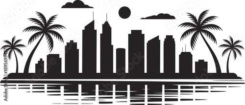 Tropical city skyline silhouette with palm trees, urban waterfront landscape, modern downtown reflection, summer travel destination illustration, coastal lifestyle concept