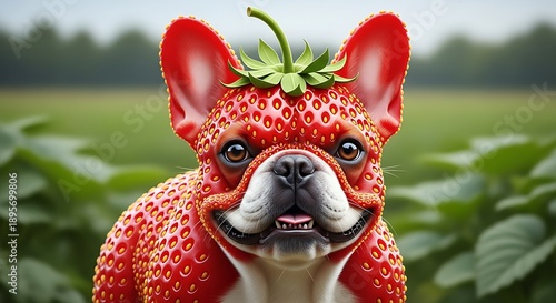 Main Subject: A whimsical, anthropomorphic French Bulldog hybrid with skin textured like a ripe strawberry.
