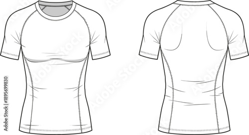 Women fitted raglan t shirt technical fashion flat sketch front and back view athletic compression top design template