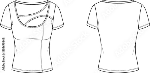 Women fitted t shirt technical flat sketch front and back view with layered neckline, fashion vector line drawing