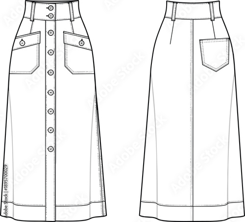Women long denim skirt technical fashion illustration with front and back views, button down closure, patch pockets and high waist
