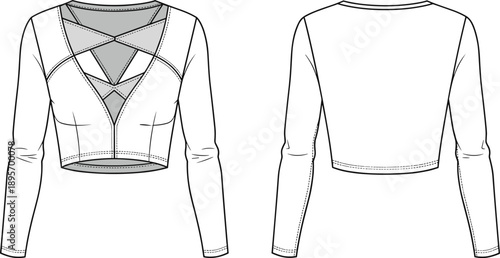 Women long sleeve crop top technical fashion illustration showing front and back views, criss cross neckline detail fitted bodice flat vector