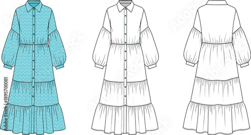 Women long sleeve button down maxi dress technical fashion illustration with tiered skirt, front and back views, elegant apparel template