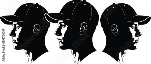 Black and white male head silhouette illustration wearing baseball cap, side profile portrait set, minimal vector design for sports, fashion and identity concepts