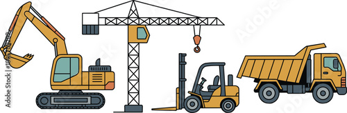 Construction machinery vector illustration featuring excavator tower crane forklift and dump truck heavy equipment for industrial building site operations