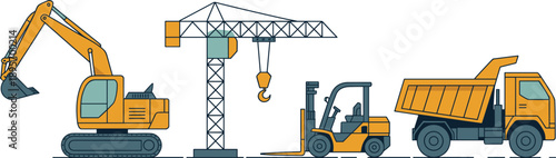 Construction machinery vector illustration set showing excavator tower crane forklift and dump truck for industrial building and infrastructure projects