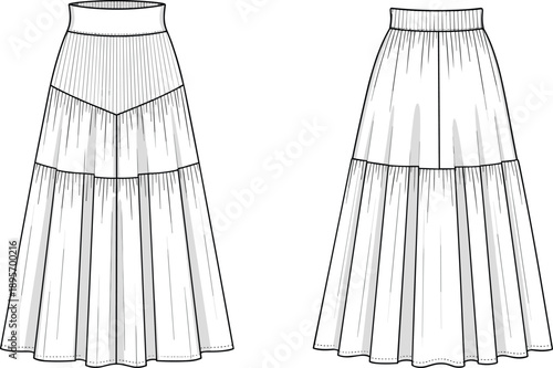Women pleated maxi skirt technical fashion illustration with front and back views, high waist design and tiered panel detail