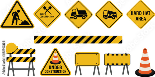 Construction safety warning signs and roadwork elements set including barriers cones helmets traffic symbols and under construction notices illustration vector