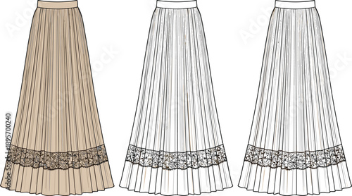 Women pleated maxi skirt technical fashion illustration with lace trim hem detail, high waist waistband, long length, front views, flat design