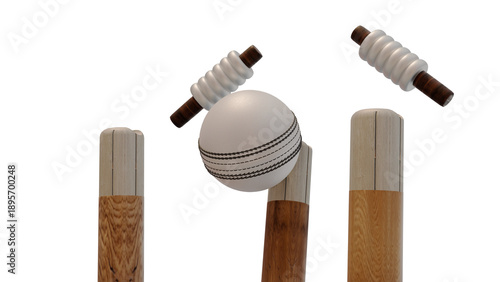 Schilderij op canvas White cricket ball with wooden stumps and bails