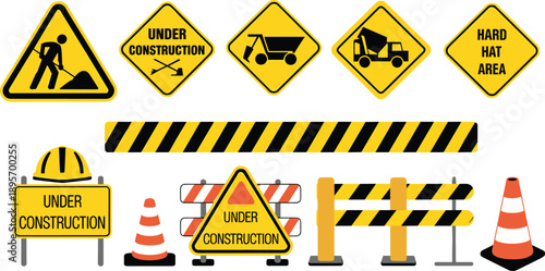 Construction safety warning signs and roadwork equipment set featuring barriers cones helmets vehicles and under construction hazard symbols illustration
