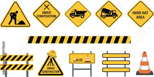 Construction safety warning signs and roadwork equipment set including barriers cones helmets vehicles and under construction hazard symbols illustration