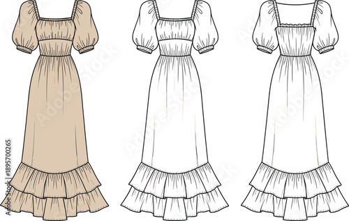 Women puff sleeve maxi dress technical fashion illustration set showing beige and white variations, square neckline smocked waist ruffle hem
