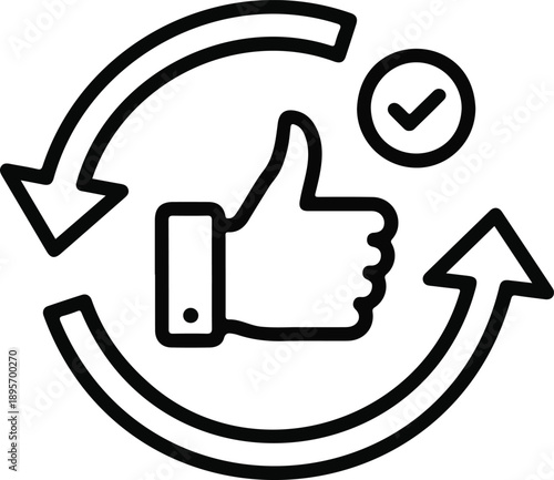 Positive feedback icon with thumbs up hand and check mark symbol inside circular arrow representing satisfaction quality