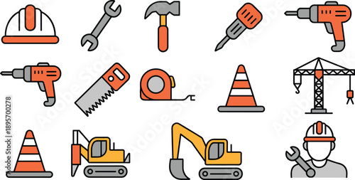 Construction tools and equipment icon set with helmet machinery crane drill hammer safety elements flat vector illustration