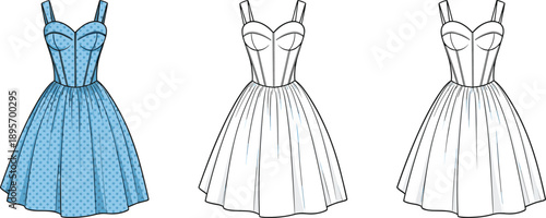 Women polka dot bustier dress technical fashion illustration, sleeveless sweetheart neckline with fitted corset bodice and flared skirt