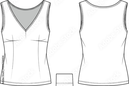 Women sleeveless V-neck top technical drawing with front and back views, fitted tank blouse fashion flat sketch