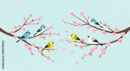 Colorful birds perched on blooming cherry blossom branches against a soft blue background symbolizing spring and new life
