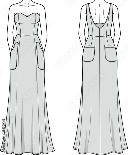 Women strapless maxi dress technical fashion flat sketch with front and back views, fitted bodice, pocket details, open back straps and flowing skirt