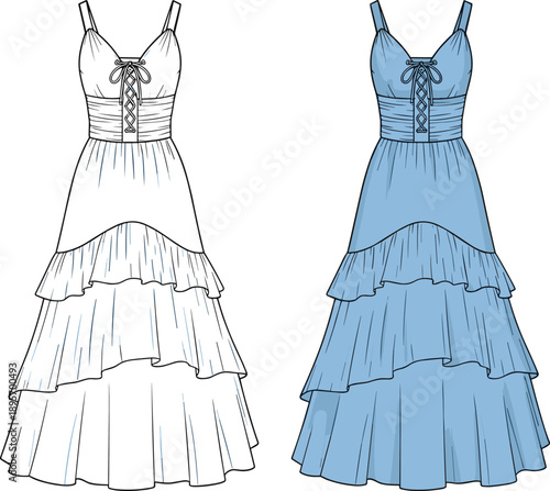 Women summer ruffled maxi dress fashion technical illustration set showing white and blue layered evening gown flat vector design front view apparel