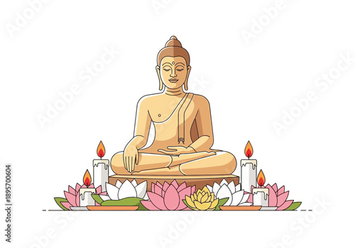 Golden Buddha Statue Surrounded by Lotus Flowers and Candles.