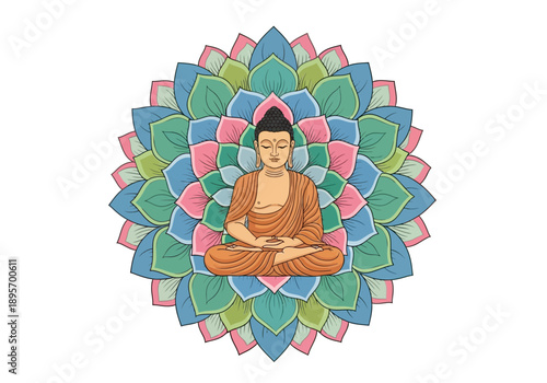 Buddha meditating peacefully in lotus position with serene expression.