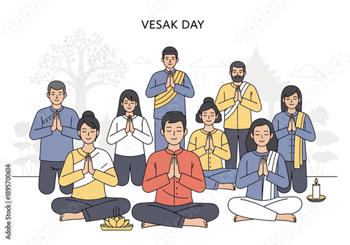 Group of people meditating together for Vesak Day celebration.