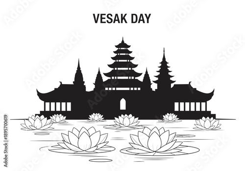 Vesak Day Buddhist Temple Silhouette with Lotus Flowers.