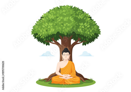 Buddha meditating peacefully under a large tree.
