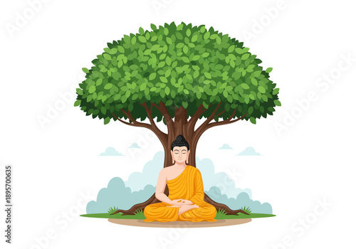 Buddha meditating peacefully under a large tree.