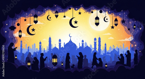 Ramadan night scene with mosque silhouette lanterns and crescent moons against vibrant sunset