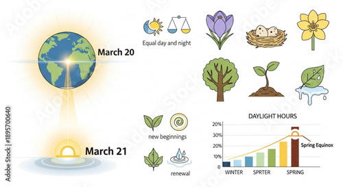 Spring equinox infographic with earth flowers and daylight hours graph on march 20 and 21