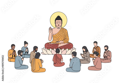Buddha teaching a group of followers in a serene setting.