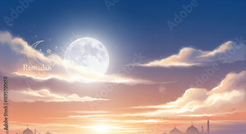 Ramadan evening sky with full moon crescent clouds and mosque silhouette at sunset symbolizing spirituality and fasting