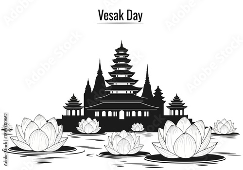 Vesak Day Celebration with Lotus Flowers and Pagoda.