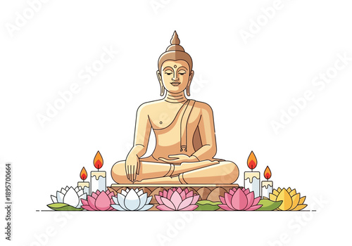 Golden Buddha Statue Meditating Surrounded by Candles and Lotuses.