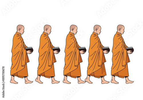 Five Buddhist Monks in Orange Robes Walking in a Line Holding Alms Bowls.