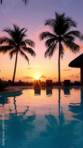 A serene video of a tropical pool at sunset with palm trees