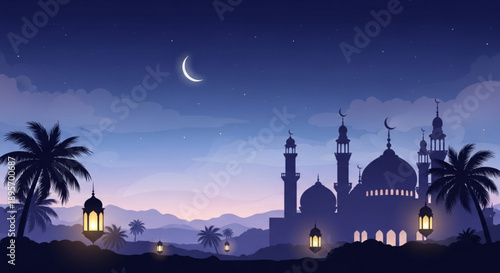 Serene mosque at sunset with crescent moon illuminated lanterns and palm trees evoking peaceful evening atmosphere
