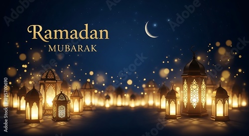 Luxury Ramadan Kareem 2026 Background with Ornate Lanterns and Golden Crescent Moon