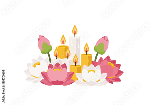 Group of lit candles surrounded by lotus flowers in bloom and buds.