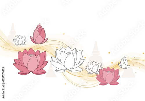 Beautiful Lotus Flowers in Various Stages of Bloom with Gentle Waves.