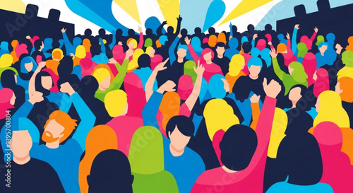 Vibrant crowd at a lively music festival with people dancing and raising their hands in a colorful scene