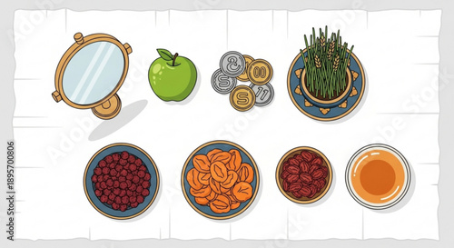 Variety of healthy food and drink options including fruits vegetables and a mirror on a clean white background for wellness and nutrition concepts