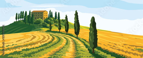 Golden fields and cypress trees lead to a scenic villa.