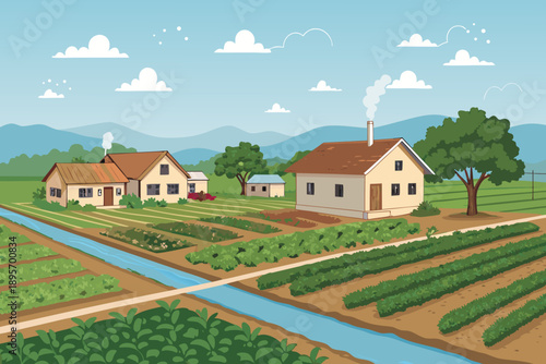 Village Agriculture Scene With Water Irriga Creative Visual Ideal for Marketing