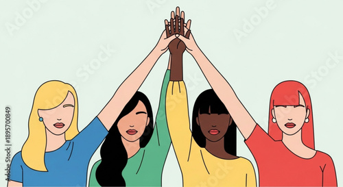 Four women from different ethnicities join hands in unity and friendship against a light green background